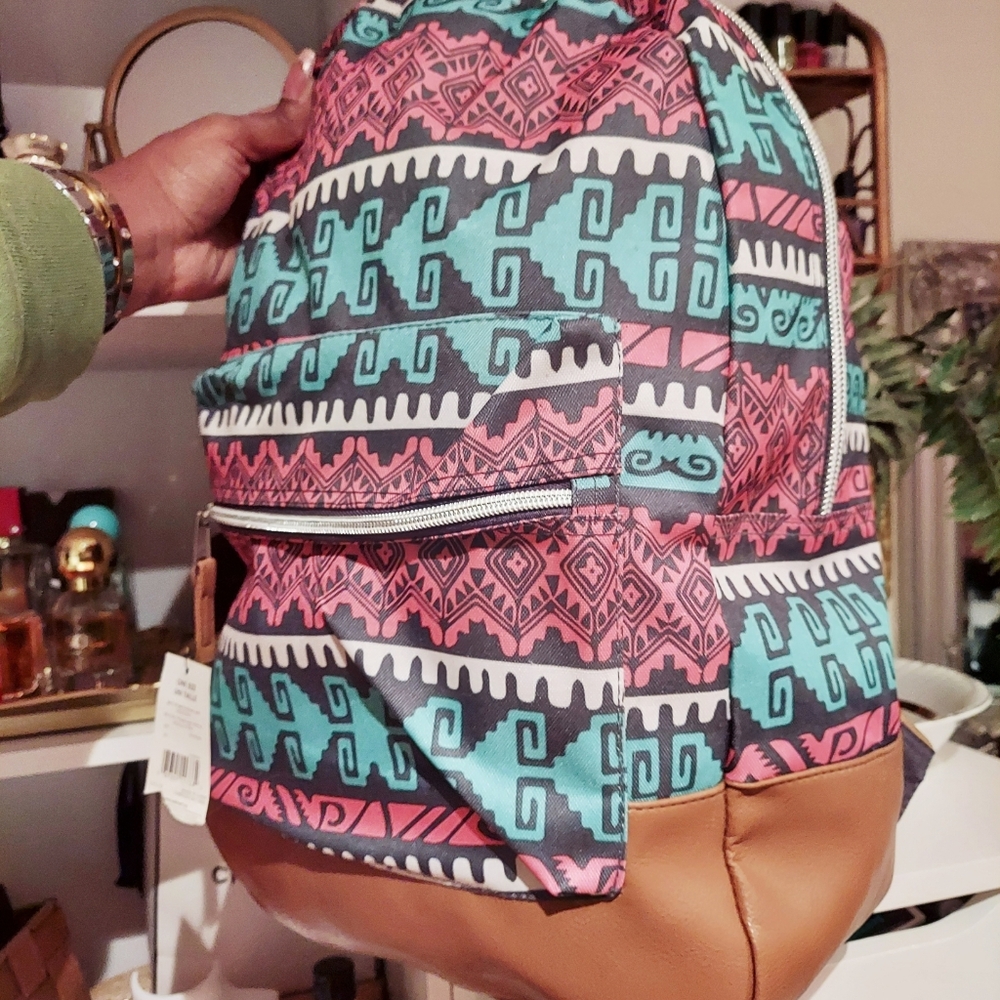 Colorful bohemian tribal boho aztec backpack with tan faux leather bottom